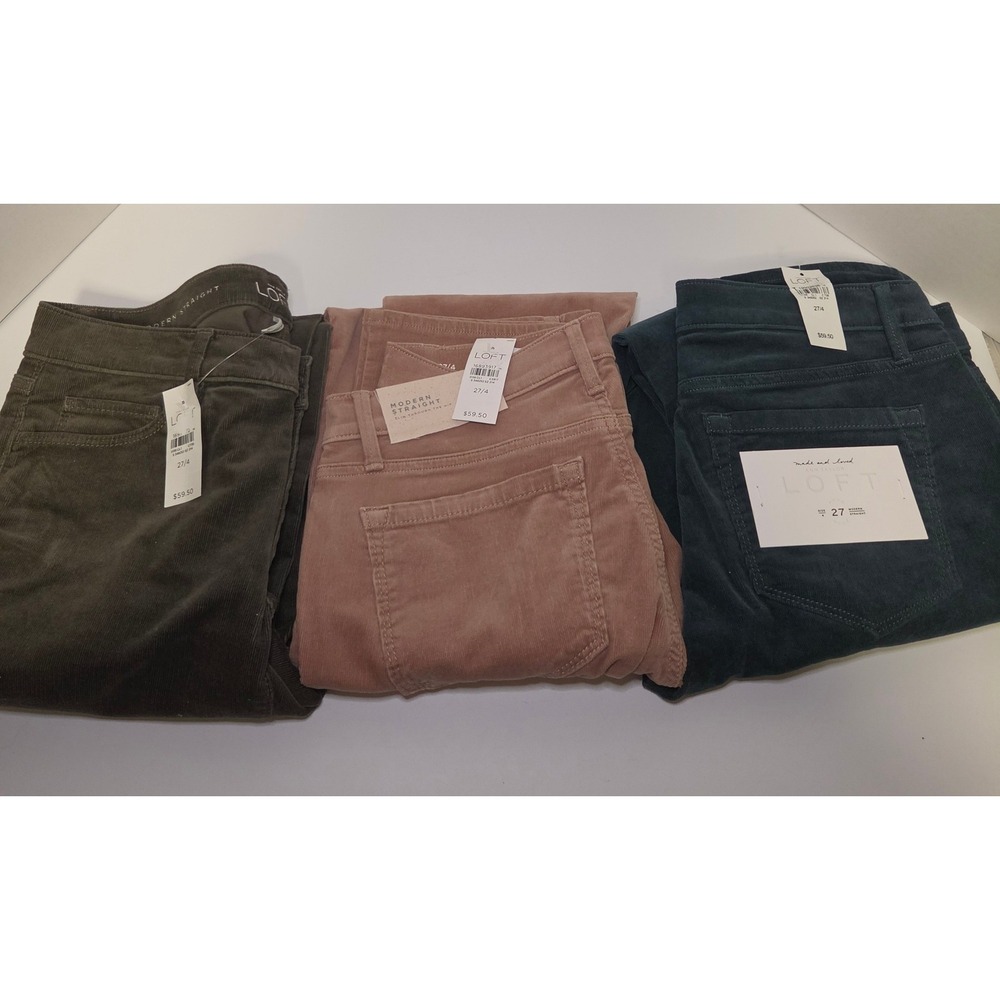 Lot of 3 Loft Modern Straight Corduroy Pants Womens 27/4 Olive Khaki Blue NWT